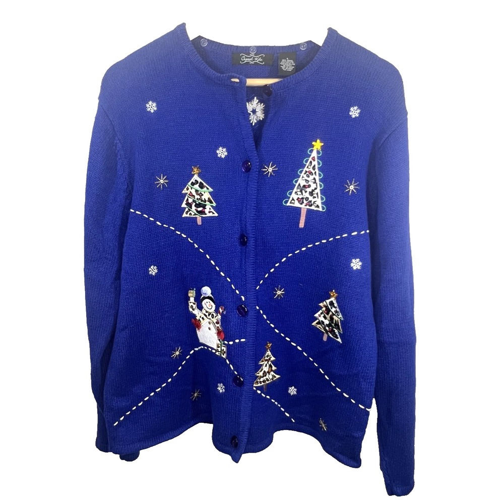 CRYSTAL KOBE Blue Christmas Sweater Cardigan SNOW MAN TREES Beaded Embroidered M